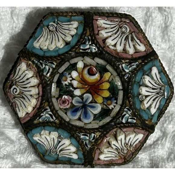 Antique Micro Mosaic Victorian Brooch Pin 1” Wide Floral Mortif Handmade EUC - Picture 1 of 14